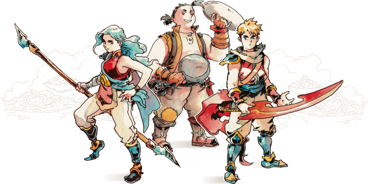 official art of the three heroes of sea of stars. from left to right, they are valere, garl, and zale. they are drawn in a storybook style with wispy clouds behind them